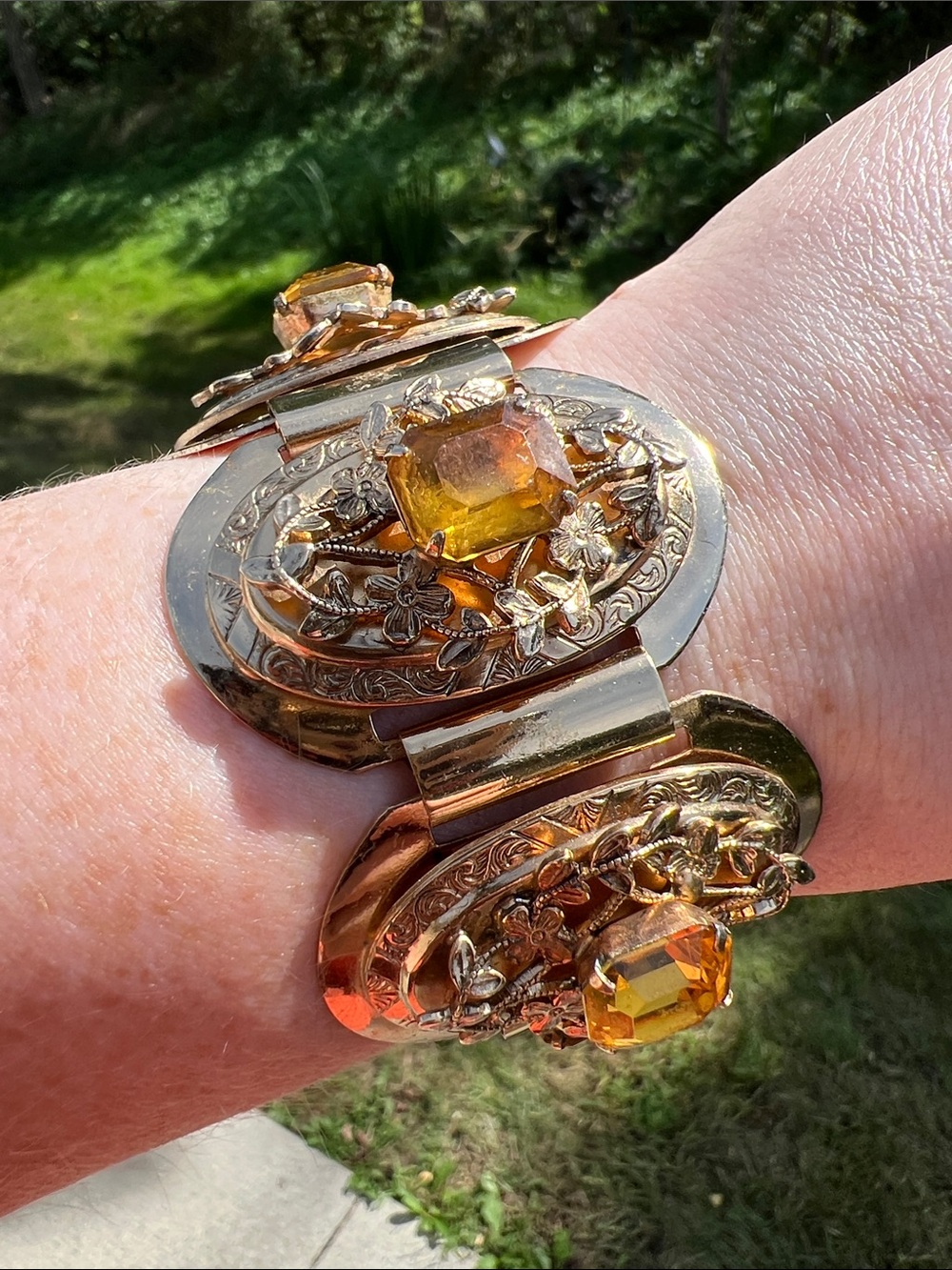 Vintage Victorian Revival Gold Panel Link Bracelet Emerald Cut Citrine Glass